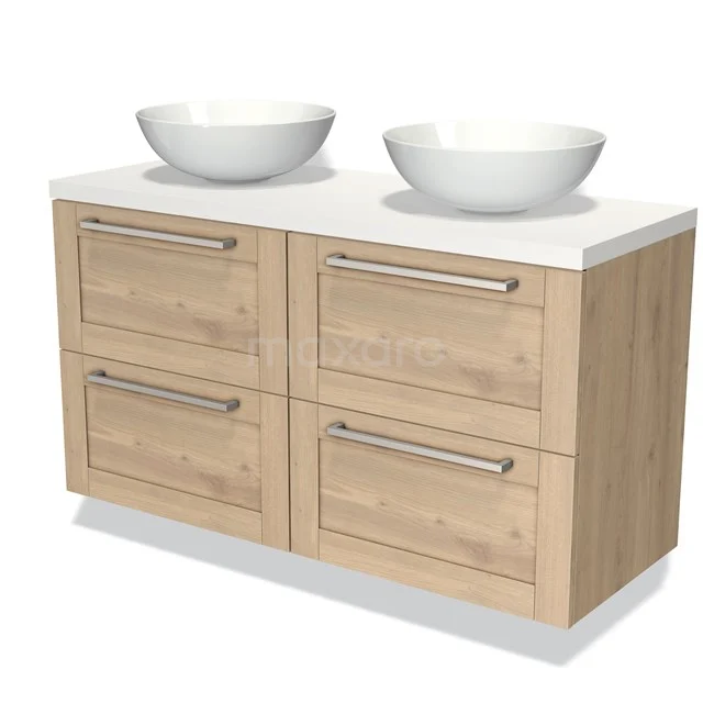 Houten badmeubel met dubbele waskommen, wit blad, 4 lades met metalen handgrepen, ideaal voor een moderne badkamer.