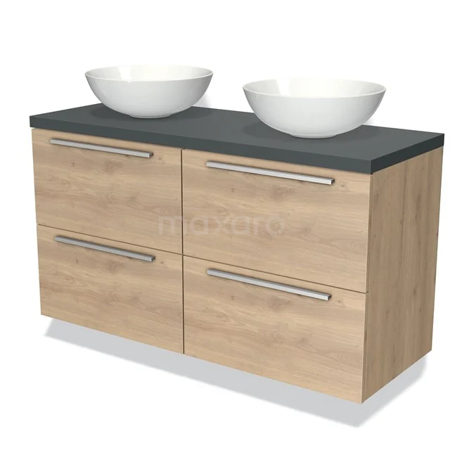 Houten badkamermeubel met vier lades, zwart blad en twee witte waskom-kommen, moderne stijl.
