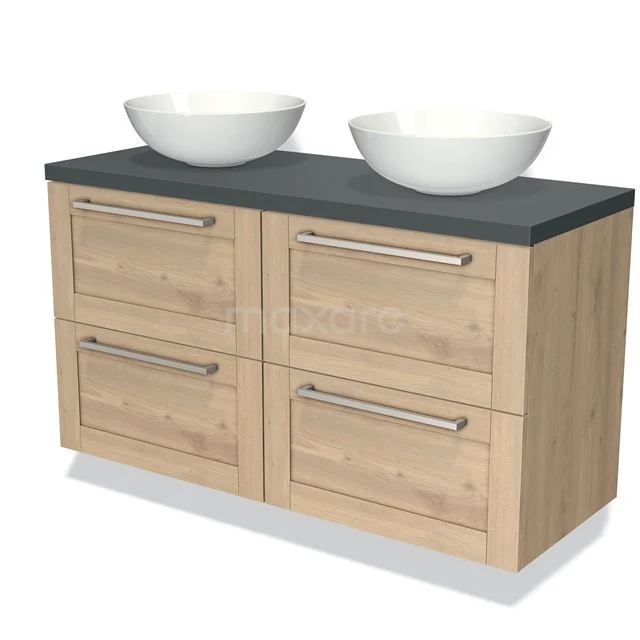 Houten badkamermeubel met vier lades, zwart blad en twee witte waskommen, modern design voor stijlvolle badkamers.