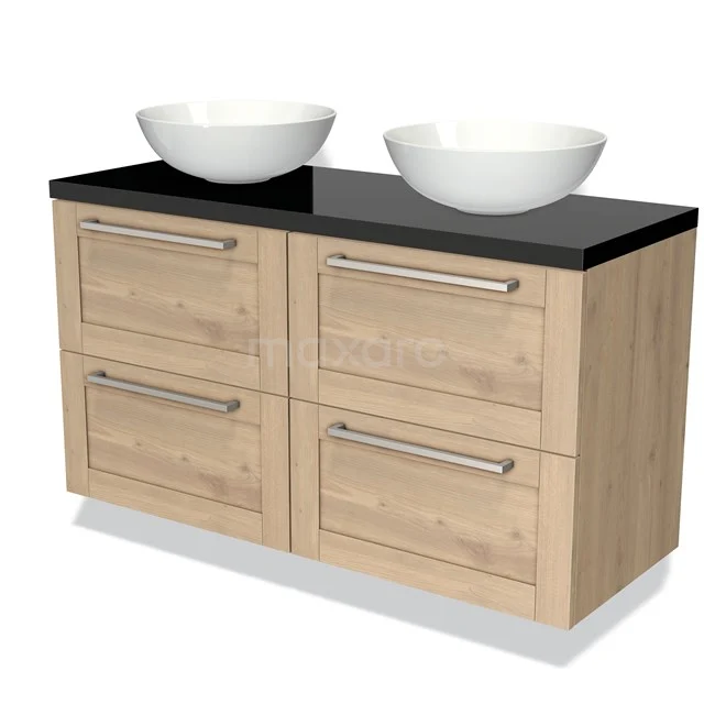 Houten badkamermeubel met dubbele wastafel, zwarte steenachtige bovenblad en vier lades; modern en praktisch design.