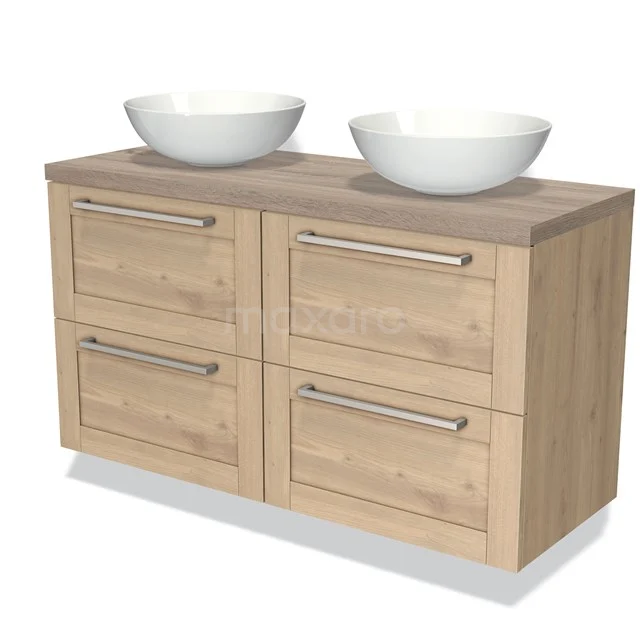 Wooden bathroom unit with two white countertop wash basins, four drawers and modern handles, ideal for stylish bathroom storage.