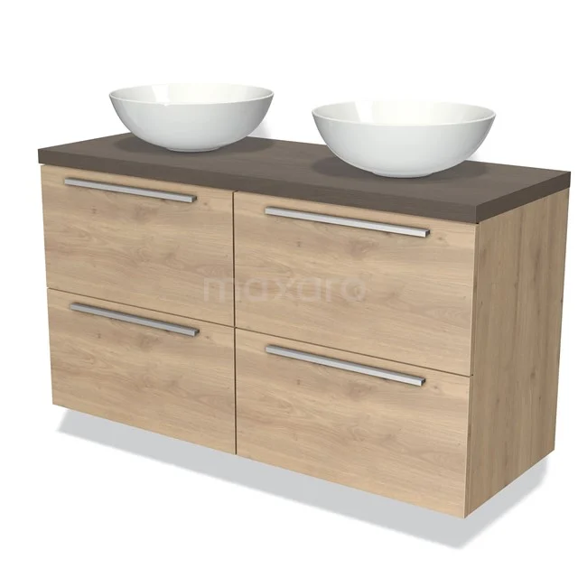 Badmöbel für Waschtischunterschrank mit Konsole 120cm Modulo Plato hellbraune Eiche 4 Schubladen Flach dunkelbraune Eiche Platte BMK18-00418 Hölzernes Badezimmermöbel mit zwei weißen Aufsatzwaschbecken, dunkler Holzplatte und vier Schubladen mit silberfarbenen Haltegriffen.