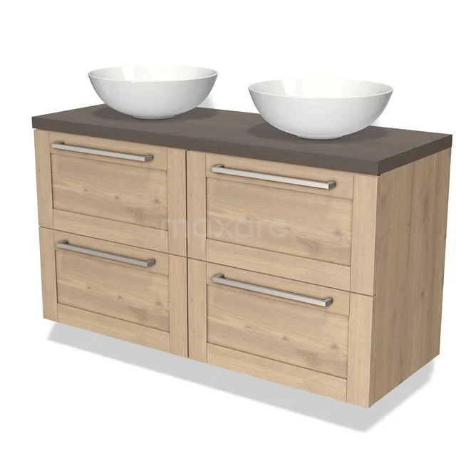 Wooden bathroom unit with double basin, modern look, four drawers and dark worktop for stylish bathroom storage.