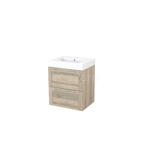 Compact wooden vanity unit with two drawers and white ceramic basin, perfect for medium-sized bathrooms.