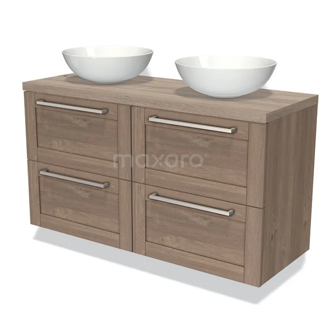 Houten badkamermeubel met dubbele waskom, moderne lades en metalen grepen, ideaal voor een stijlvolle en georganiseerde badkamer.