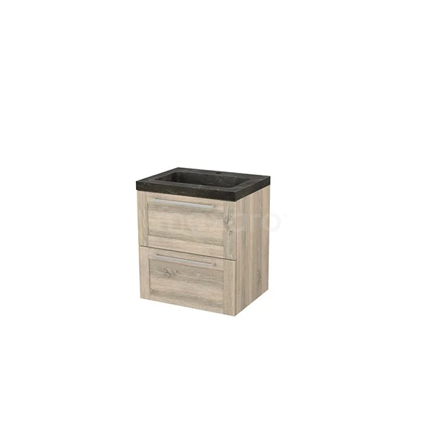 Hölzernes Badmöbel mit Waschbecken, zwei Schubladen und schwarzer Platte; kompaktes Design, ideal für moderne Badezimmergestaltung.