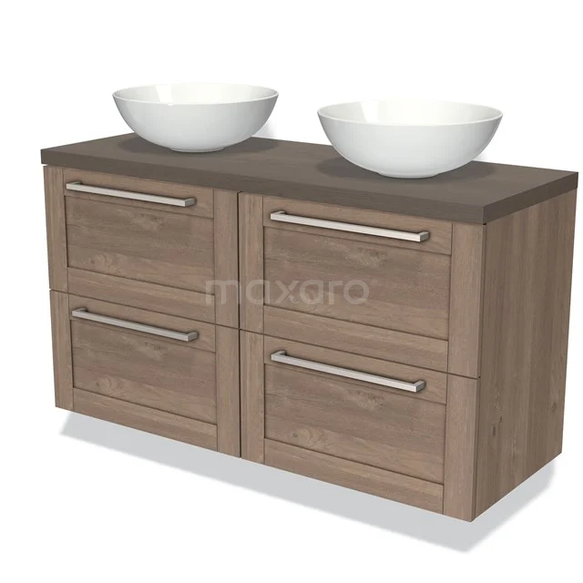 Wooden bathroom unit with double basin, four drawers and stylish modern design for practical bathroom storage.