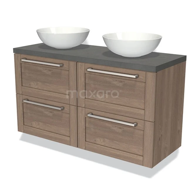 Houten badkamermeubel met dubbele wastafel, grijs stenen blad en vier lades, perfecte opberger voor een moderne badkamer.