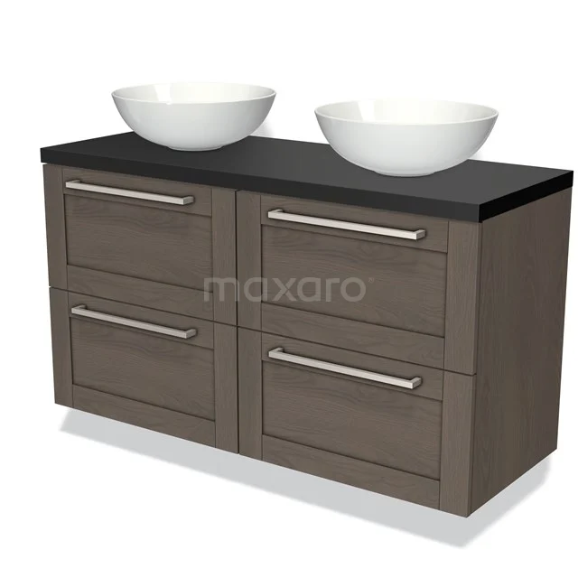 Bathroom unit wood-look with black top, double white countertop wash basins and four drawers, modern design.