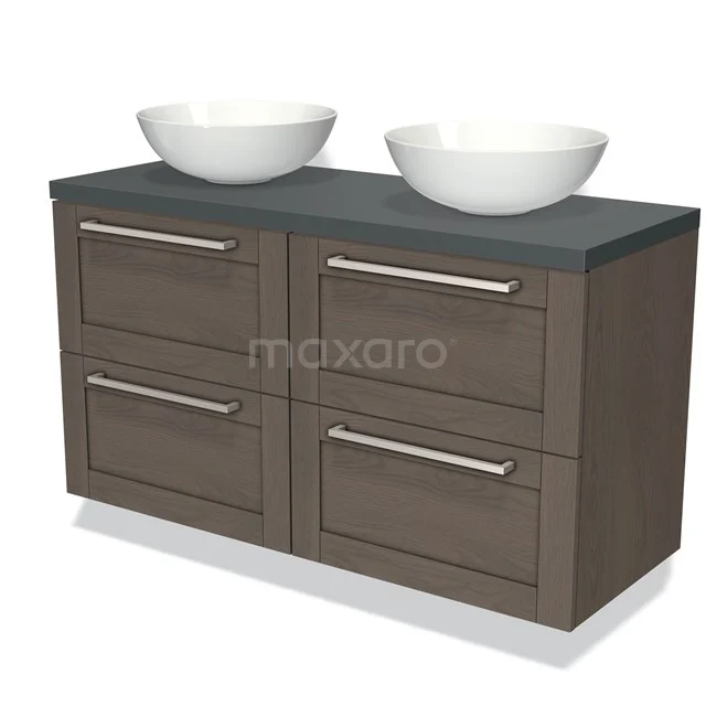 Wooden bathroom unit with double white basins, grey worktop and 4 drawers, ideal for a stylish and modern bathroom.