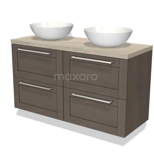 Bruine houten badkamermeubel met dubbele waskommen en vier lades, ideaal voor een moderne en praktische badkamer.