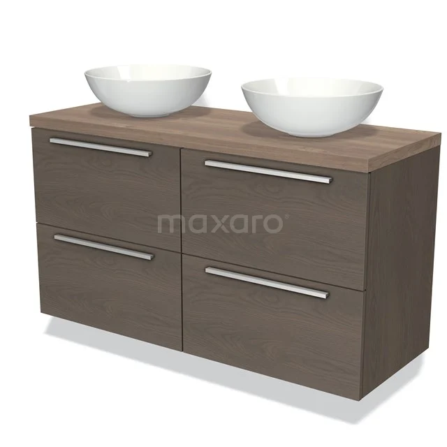 Houten badkamermeubel met dubbele wastafel, modern ontwerp, vier lades en witte kommen, ideaal voor stijlvolle badkamers.