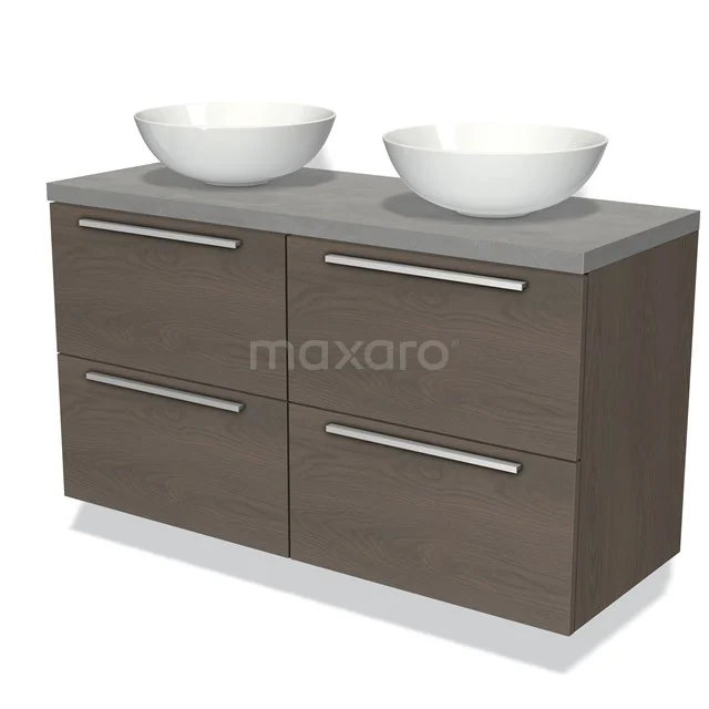 Holz-Waschtisch mit grauer Platte und doppelten weißen Aufsatzwaschbecken, perfekt für eine moderne Badezimmer Einrichtung.