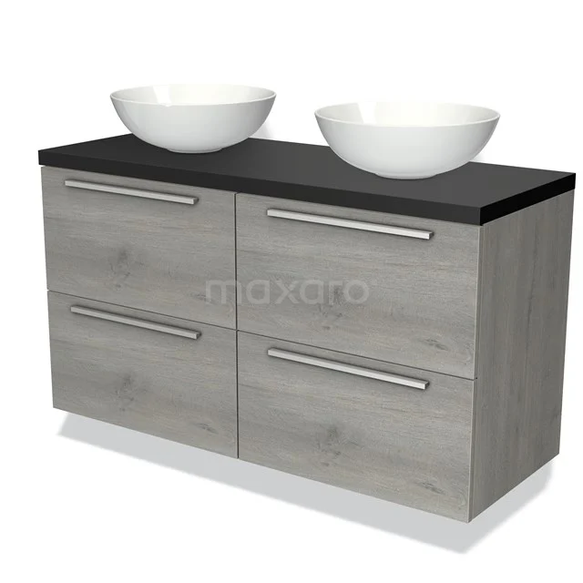 Grijze houten badkamermeubel met dubbele wastafel, zwarte bovenkant en metalen handgrepen, modern design.