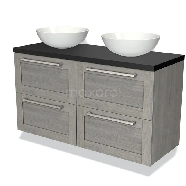 Grijze houten badkamermeubel met zwart blad, dubbele opbouw wastafels en vier lades, modern design voor stijlvolle badkamers.