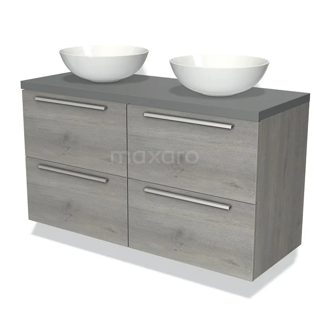 Houten badmeubel met grijze afwerking, dubbele keramische waskommen en metalen handgrepen, ideaal voor moderne badkamers.