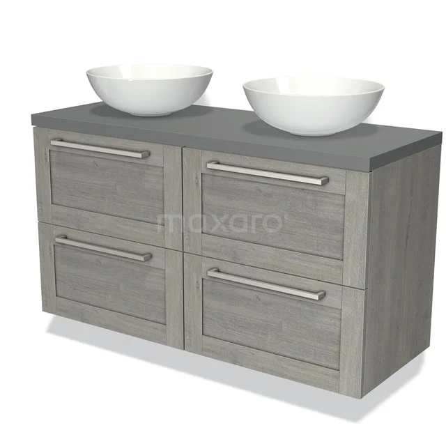 Modulo Plato Vanity units for countertop basin | 120 cm Grey oak Bordered front Mid grey worktop 4 drawers BMK18-00481 Wooden bathroom unit with Basin worktop, grey finish, double drawers and modern drawers for stylish bathroom storage.