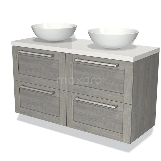 Grijze houten badkamermeubel met dubbele waskom, modern design, vier lades en strakke handgrepen voor optimale opbergruimte.
