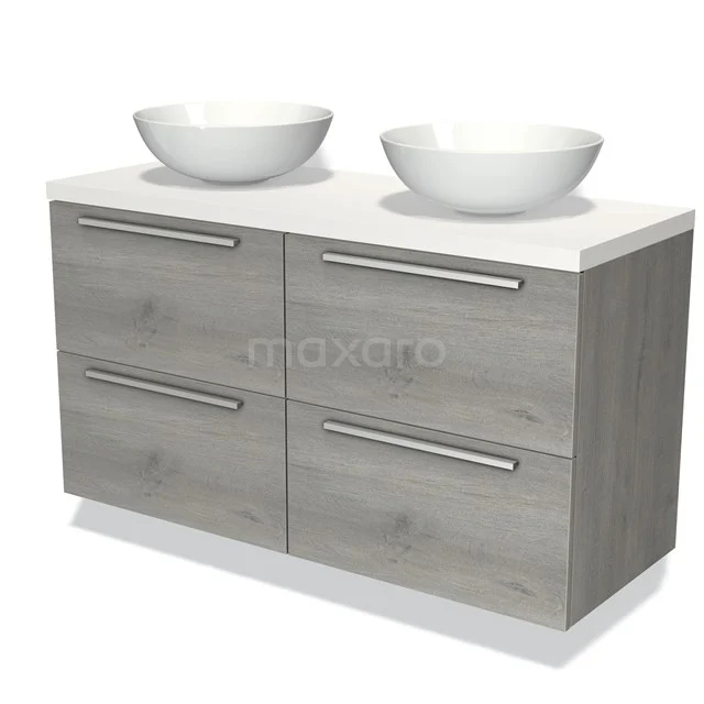 Houten badkamermeubel met dubbel wastafelblad, grijs eikenlook, vier lades en moderne RVS handgrepen.