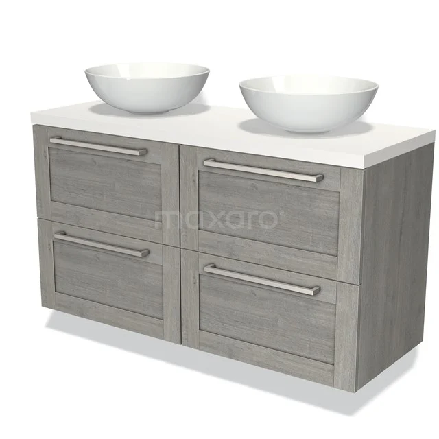 Grijze houten badkamermeubel met dubbele wastafel, modern design, voorzien van vier lades en stevige metalen grepen.