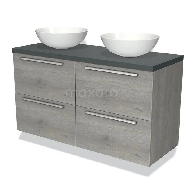 Houten badkamermeubel met dubbele waskom, grijze natuursteen-look bovenblad en moderne metalen grepen.