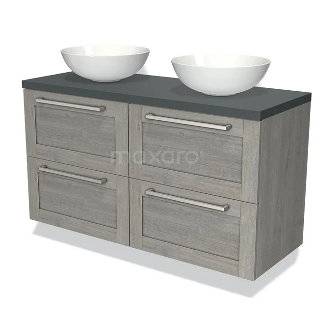 Badkamermeubel houtlook met dubbele waskommen, grijs eiken, modern design, ideaal voor een stijlvolle badkamerinrichting.