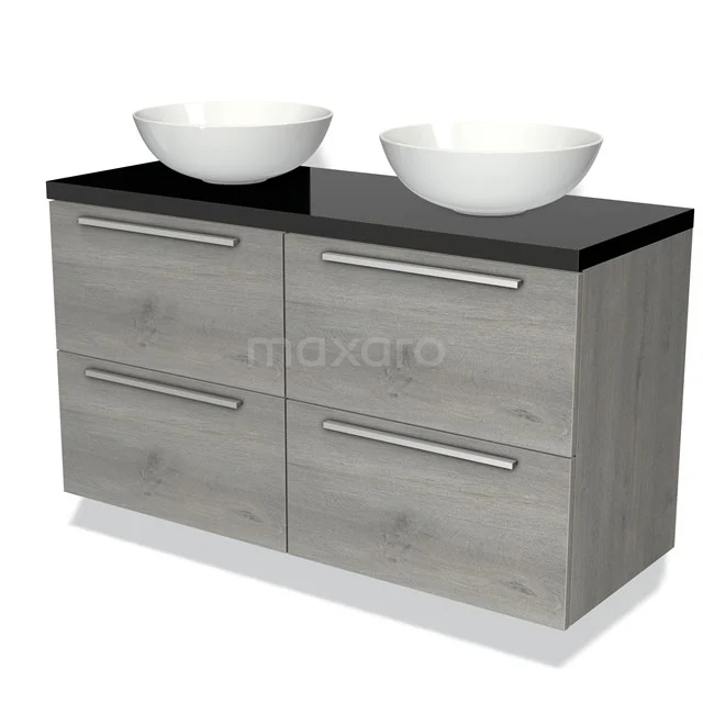 Houten badkamermeubel met grijze look, zwart blad, dubbele waskommen en zilverkleurige handgrepen voor een moderne badkamer.
