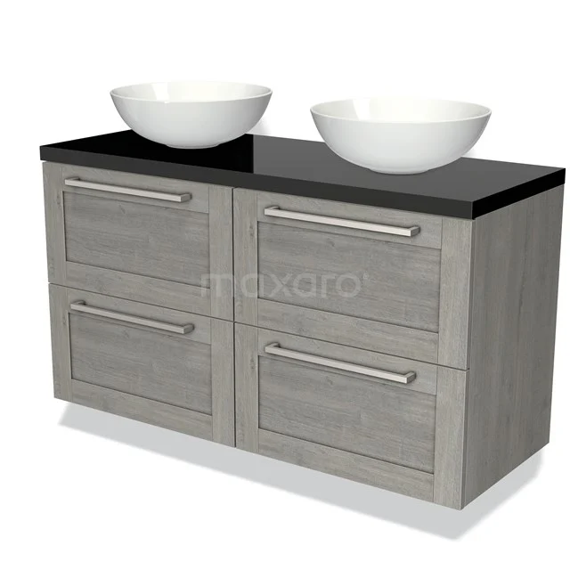 Houten badkamermeubel grijs met zwart blad, twee witte opbouwwastafels en vier lades, modern design.