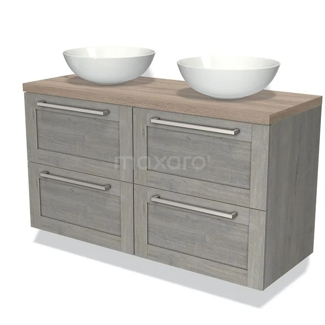 Wooden bathroom unit with grey chest of drawers and two white vanity units for countertop wash basins, ideal for modern bathrooms.