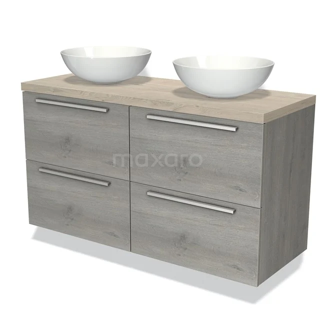 Dubbele wastafelonderkast houtlook grijs met twee witte opzetkommen, perfect voor een moderne badkamerstijl.