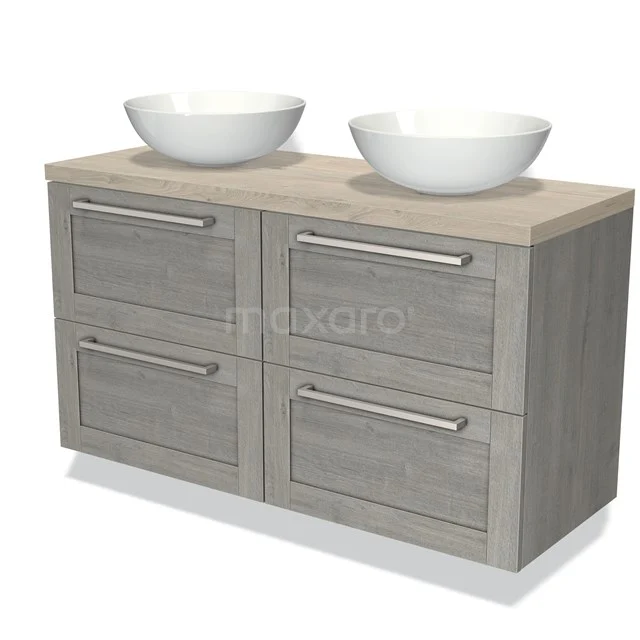 Houten badkamermeubel met lichtgrijs eikenlook, vier lades en dubbel wit waskomdesign voor een moderne badkamer.