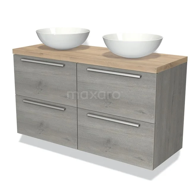 Houten badkamermeubel met grijze lades, Riva-serie, dubbele witte opbouw wastafels voor een moderne badkamerstijl.