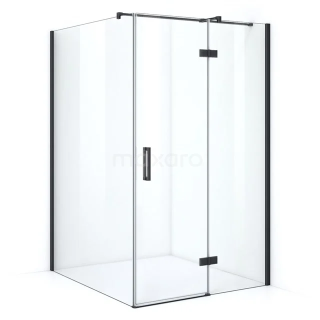 Glass corner shower cabin with black metal profiles, modern bathroom style, fitted with hinged doors.