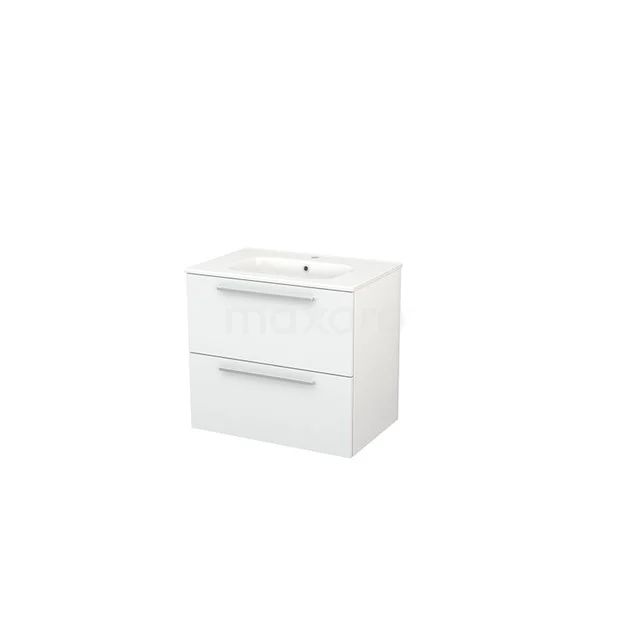 Modulo+ Vanity units with basin | 70 cm High-gloss white Flat front Ceramic 2 Stacked drawers BMP002502 White Bathroom unit with two drawers, glossy finish and integrated vanity units with basin, compact design ideal for smaller bathrooms.