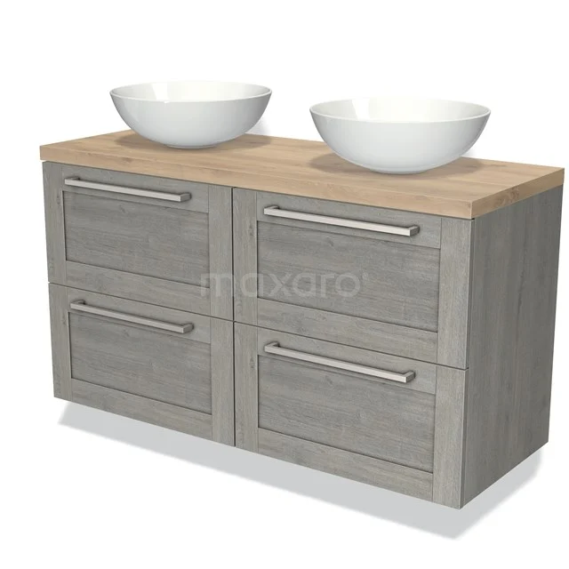Houten wastafelmeubel met dubbele opzetwastafel, grijze lades en moderne handgrepen, ideaal voor een stijlvolle badkamer.