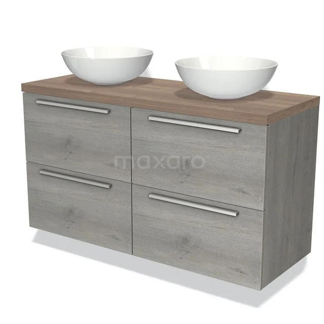 Houten badkamermeubel met dubbele wasbak, grijze ladekast en chromen handgrepen, perfect voor moderne badkamers.