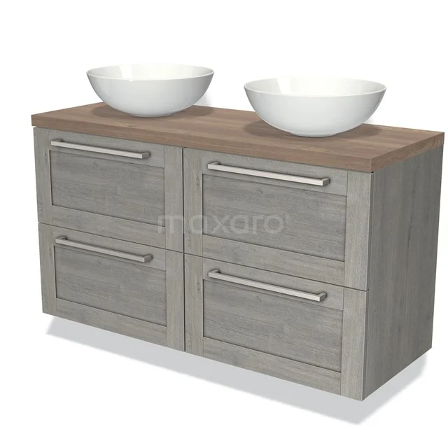 Houten badkamermeubel met grijze laden, dubbele waskom en modern design, ideaal voor praktische en stijlvolle badkamerinrichting.