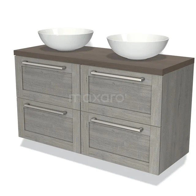 Modern wooden bathroom unit with double basin bowls and four drawers, ideal for stylish storage space in the bathroom.