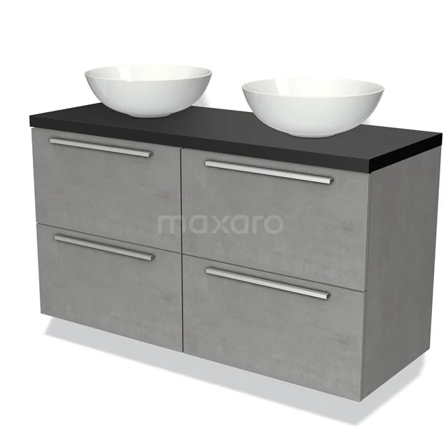 Graue Badmöbelset mit doppeltem Aufsatzwaschbecken, schwarzer Platte und metallischen Haltegriffen, modernes Design für stilvolle Bäder.