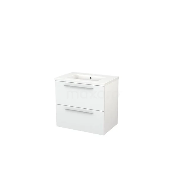 White vanity units with basin, high-gloss finish, two drawers and metal handles, compact design for modern bathrooms.