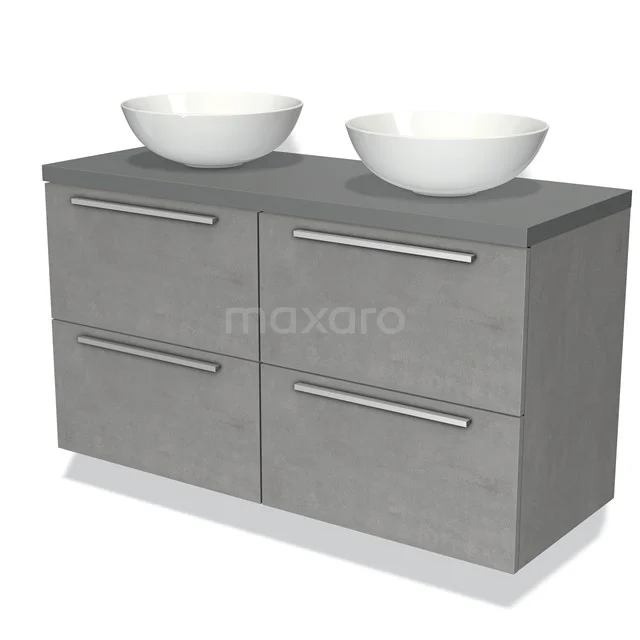Grey bathroom furniture set with concrete look, double basin and chrome handles, modern design.
