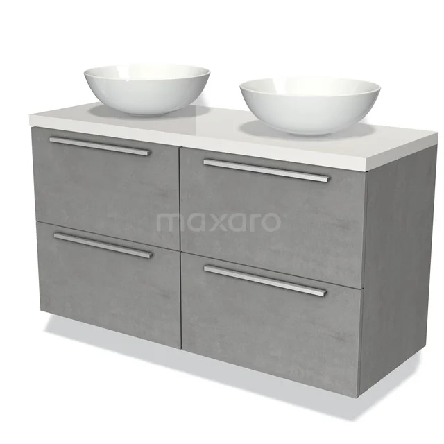 Grey bathroom unit with double countertop wash basin, modern concrete look and four spacious drawers for optimal storage space.