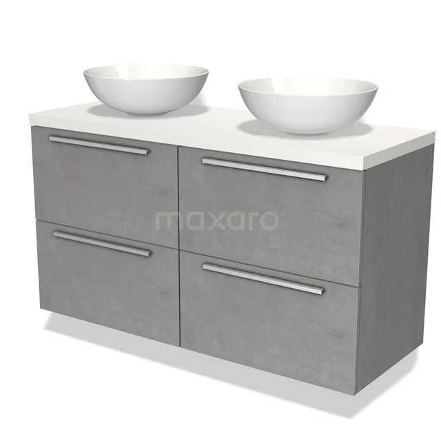 Grey vanity set with double countertop wash basins, modern design, four drawers and chrome handles for stylish bathroom storage.