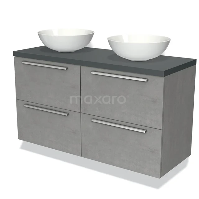 Grey bathroom furniture set with double basin design, concrete-look finish and four drawers for practical storage space.