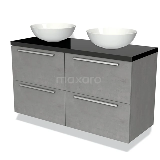 Grey wash basin set with four drawers, black worktop and two white countertop wash basins, ideal for modern bathrooms.