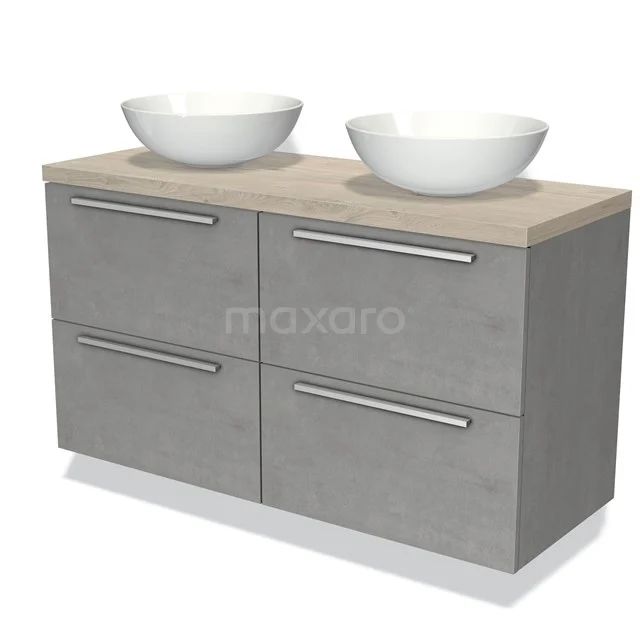 Grijze badkamermeubelset met houten blad, twee witte opbouwkommen en moderne metalen handgrepen, ideaal voor een stijlvolle badkamer.