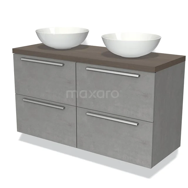 Modulo Plato Vanity units for countertop basin | 120 cm Light grey concrete Flat front Dark brown oak worktop 4 drawers BMK18-00514