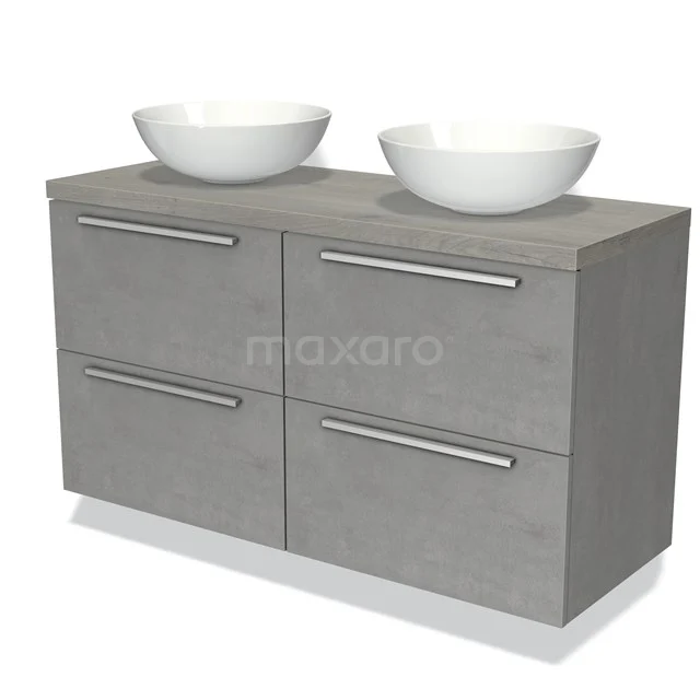 Grijze badkamermeubelset met dubbele waskommen, moderne betonlook en metalen handgrepen voor een stijlvolle badkamerinrichting.