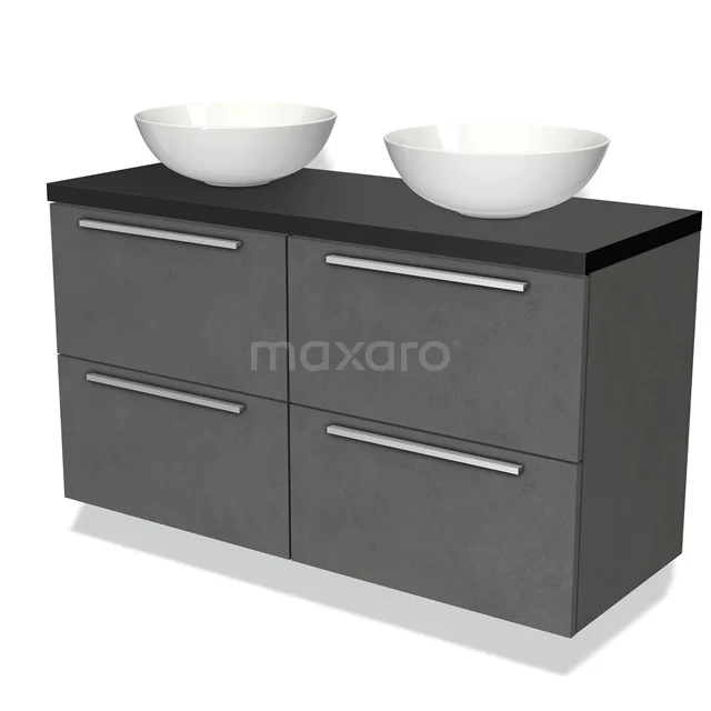 Badmöbel für Waschtischunterschrank mit Konsole 120cm Modulo Plato Dunkelgrau Beton 4 Schubladen Flach Matt Schwarz Platte BMK18-00517 Graue Badmöbelset mit zwei weißen Aufsatzwaschbecken, vier Schubladen und einer schwarzen Platte. Modernes Design, ideal für Doppelwaschbecken.