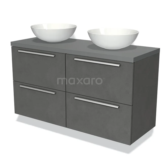 Graues Doppelwaschbeckenmöbel mit vier Schubladen, keramischen Aufsatzwaschbecken und modernem Design für moderne Bäder.